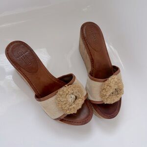 Coach Jazmin Natural Canvas Cork Natural Wedge Brown Leather Sandal Size 6